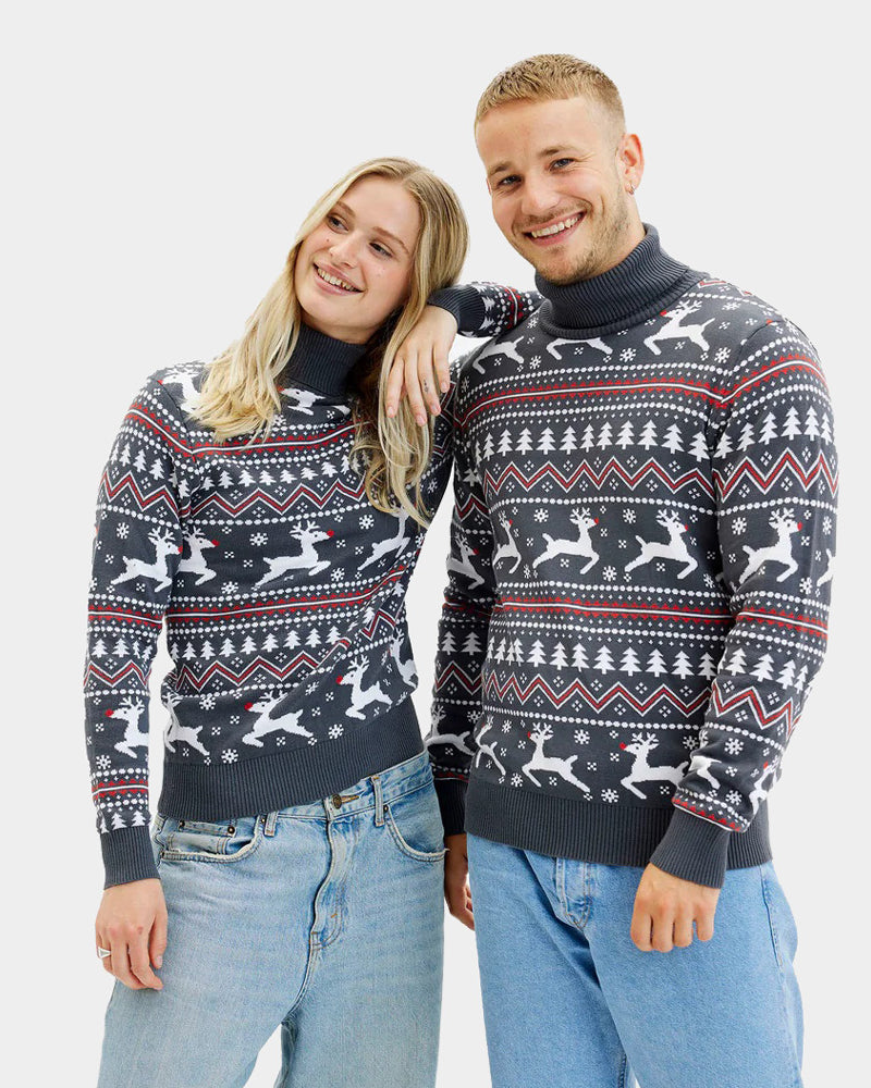 Turtleneck Organic Cotton Women's Grey Christmas Jumper with Reindeers Mens
