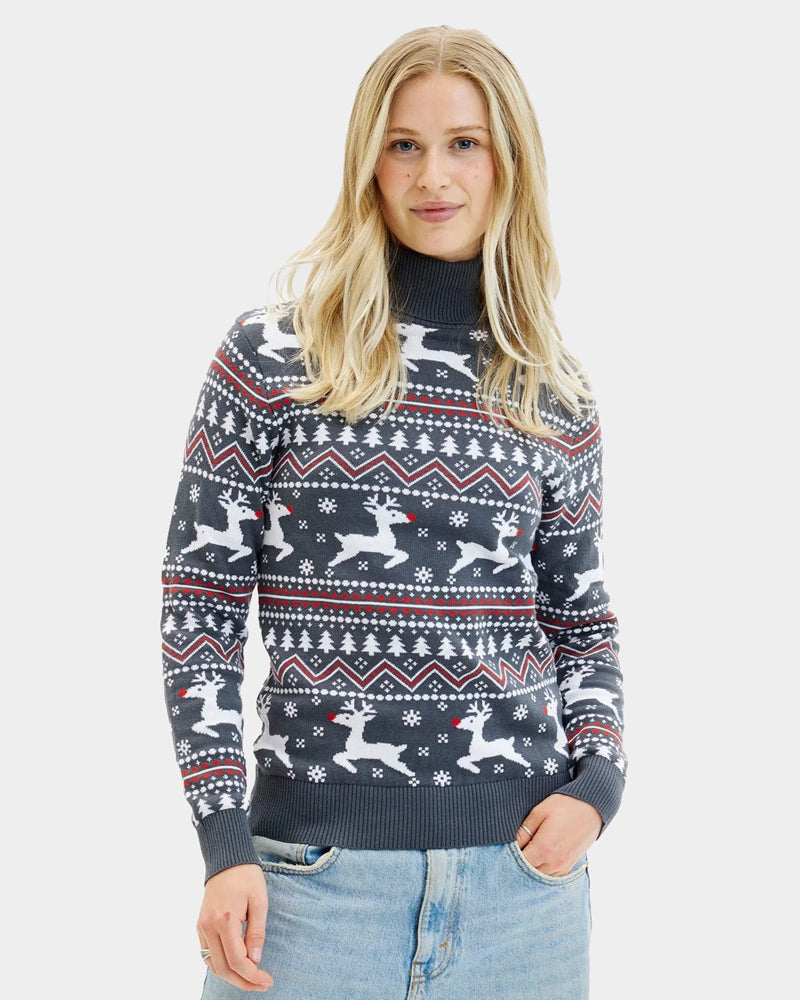 Turtleneck Organic Cotton Women's Grey Christmas Jumper with Reindeers