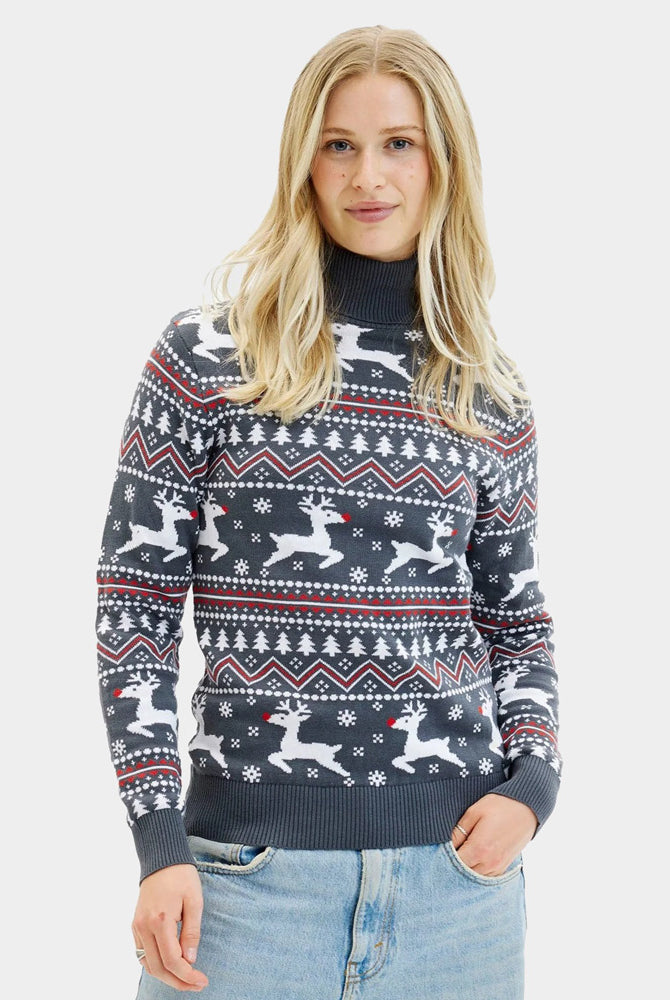 Turtleneck Organic Cotton Women's Grey Christmas Jumper with Reindeers