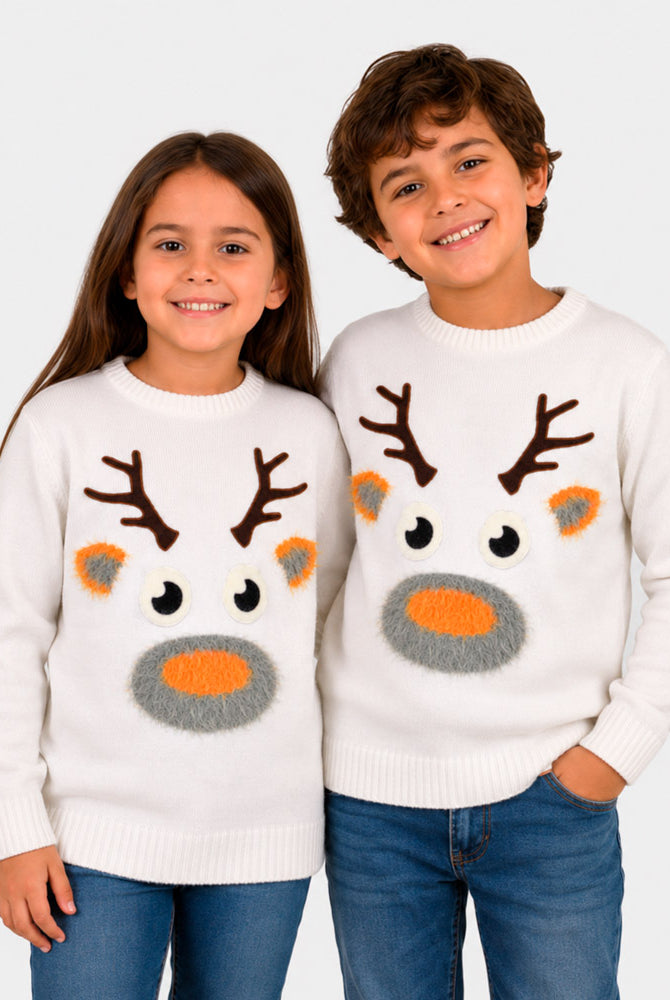 White 3D Childrens Christmas Jumper with Hairy Reindeer