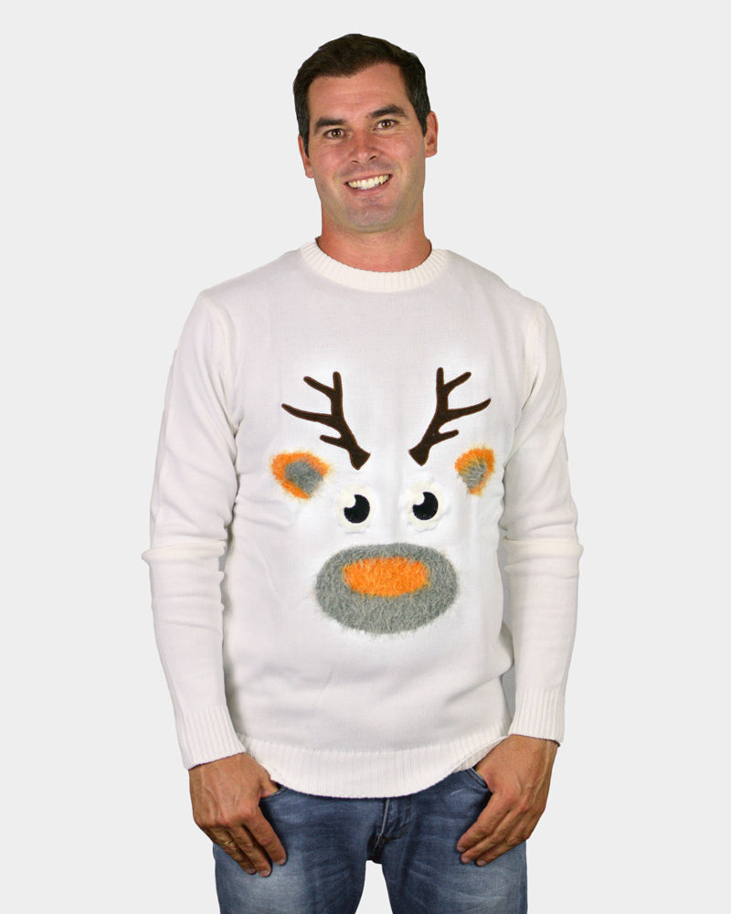White 3D Couple's Christmas Jumper with Hairy Reindeer mens