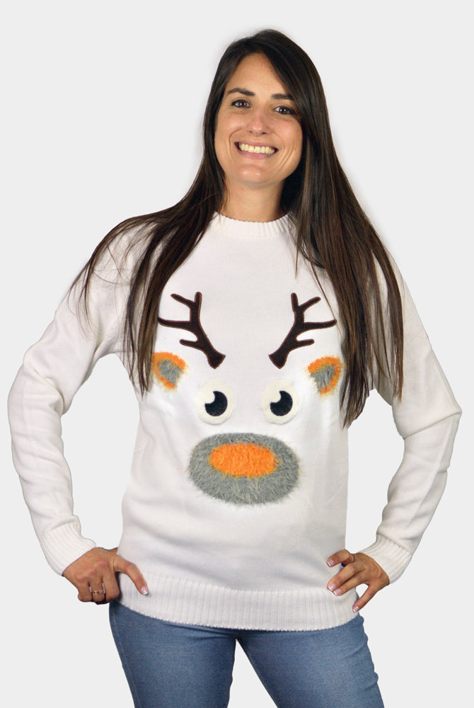 White 3D Couple's Christmas Jumper with Hairy Reindeer womens