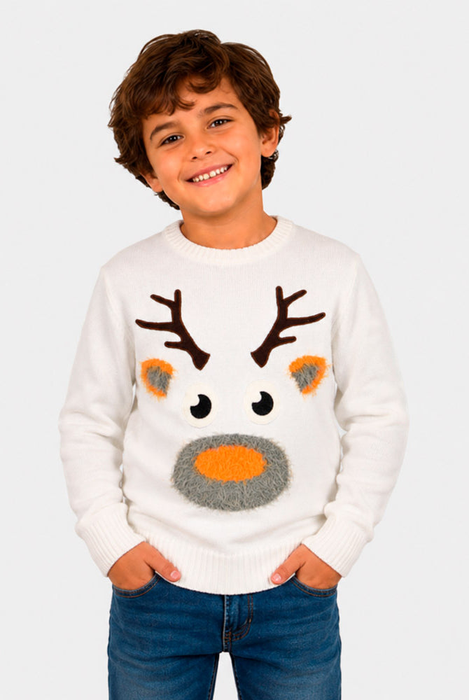 White 3D Family Christmas Jumper with Hairy Reindeer Boy