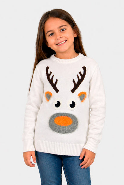 White 3D Family Christmas Jumper with Hairy Reindeer Girl