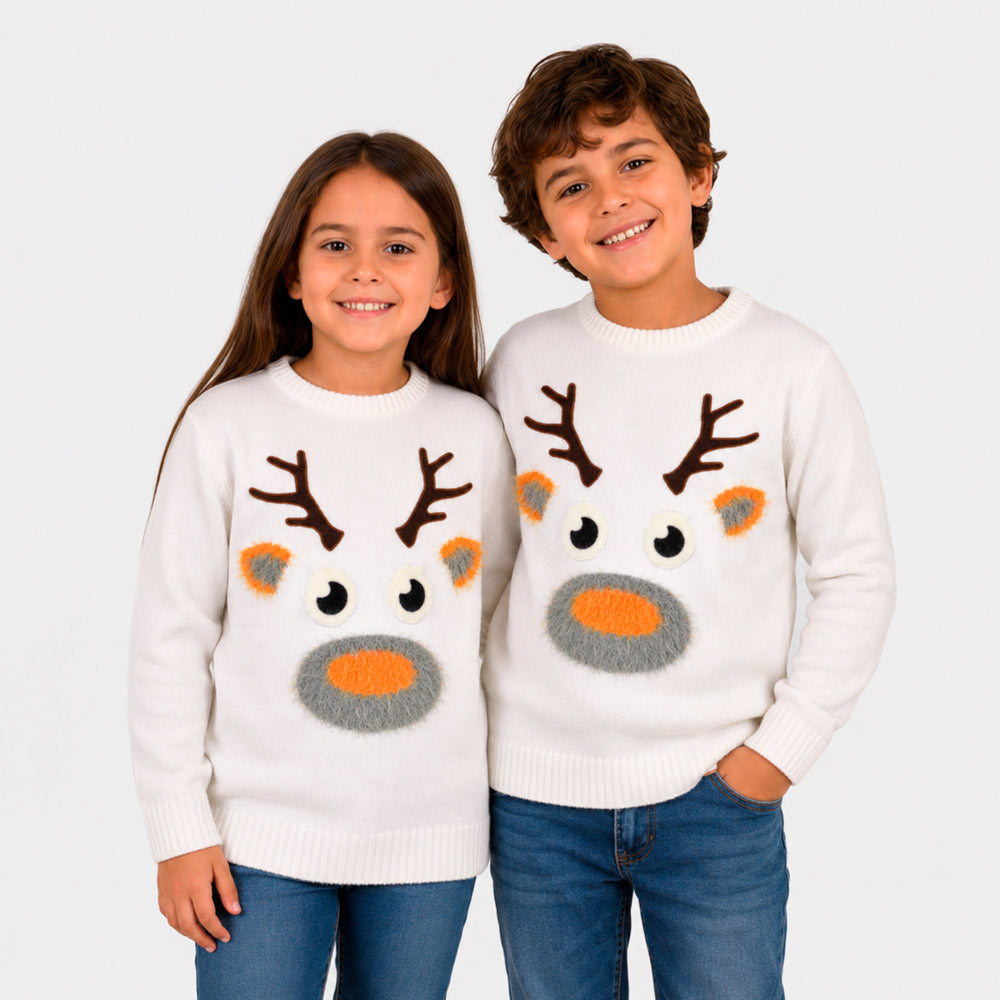 White 3D Mens Christmas Jumper with Hairy Reindeer Children