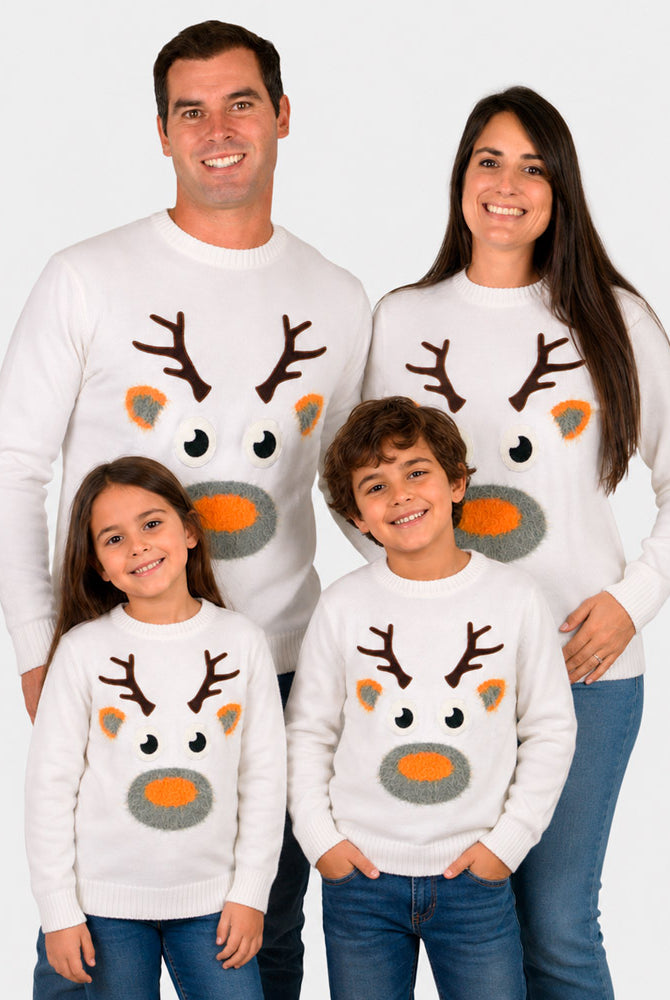 White 3D Mens Christmas Jumper with Hairy Reindeer Family
