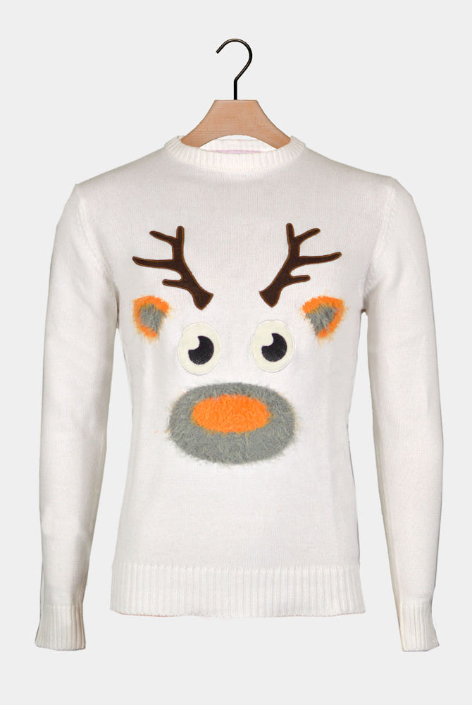 White 3D Men's Christmas Jumper with Hairy Reindeer