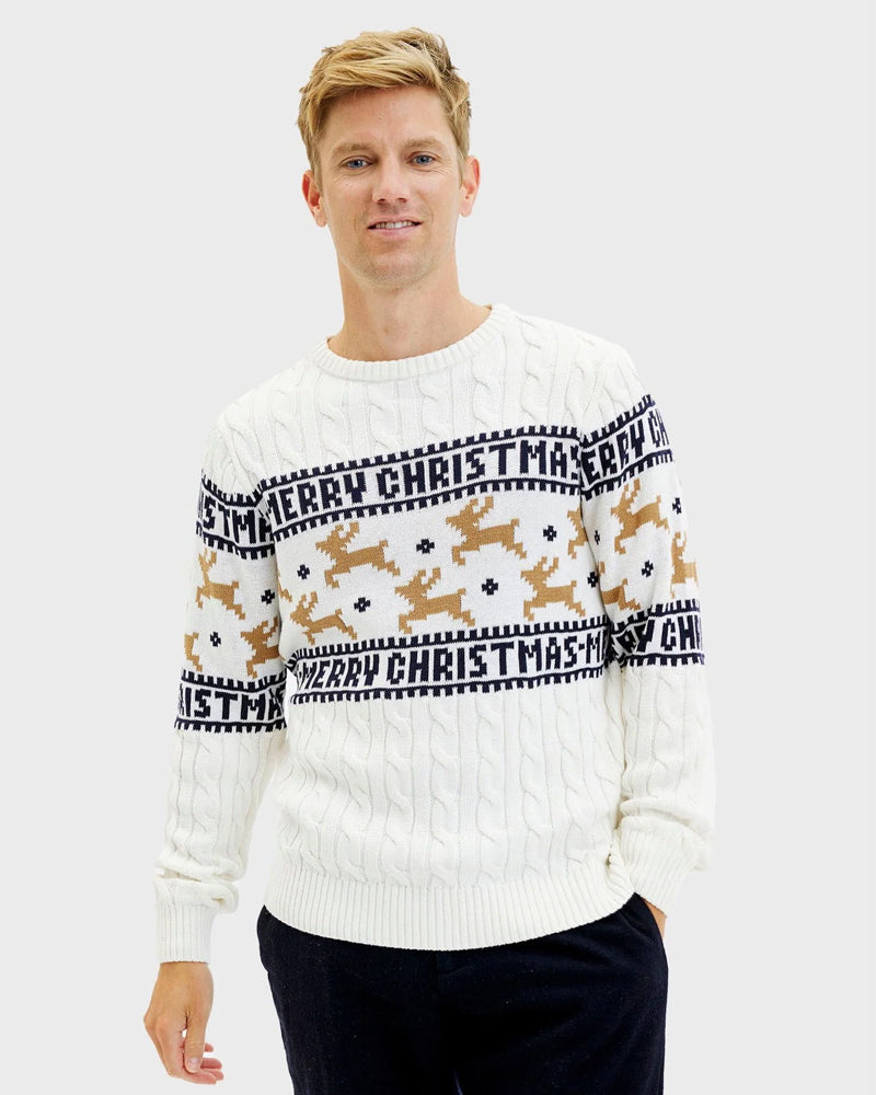 White Organic Cotton Mens Classy Christmas Jumper Reindeers