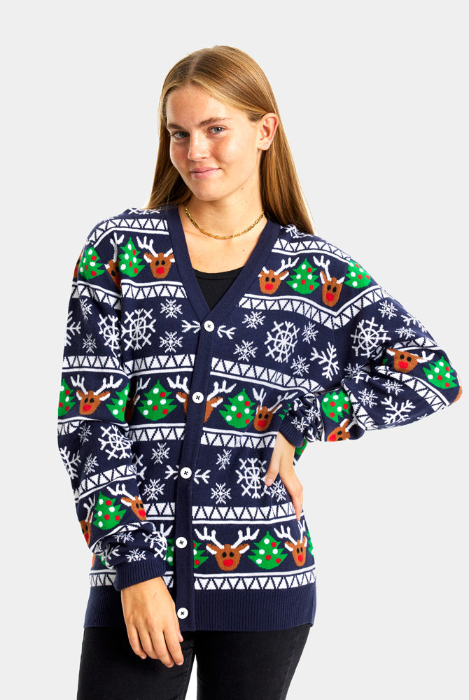 womens Blue Couple's Cardigan Christmas Jumper with Reindeers and Trees