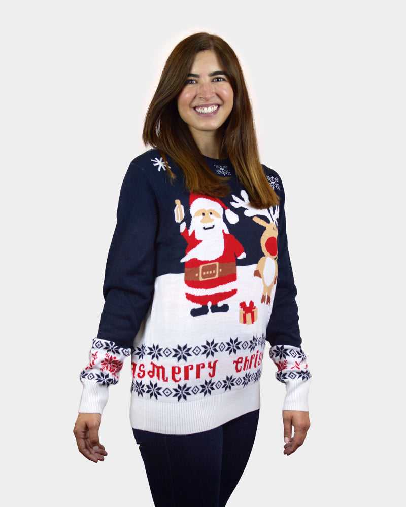 womens Blue Couple's Christmas Jumper with Santa and Rudolph