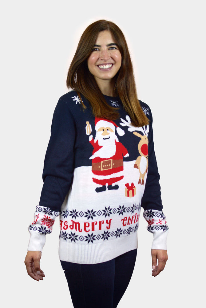 womens Blue Couple's Christmas Jumper with Santa and Rudolph