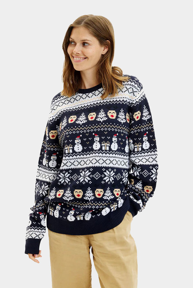 Blue Mens Christmas Jumper Womens Snowmen and Trees