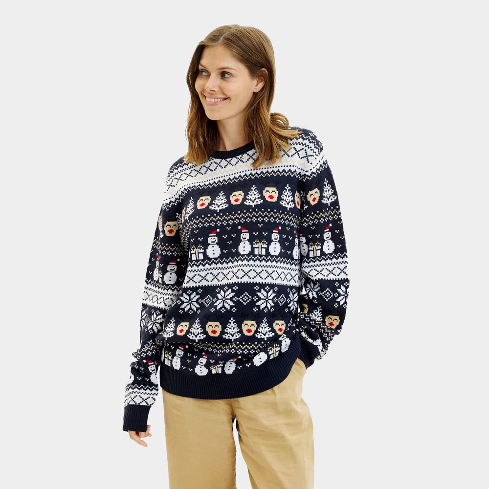 Blue Mens Christmas Jumper Womens Snowmen and Trees