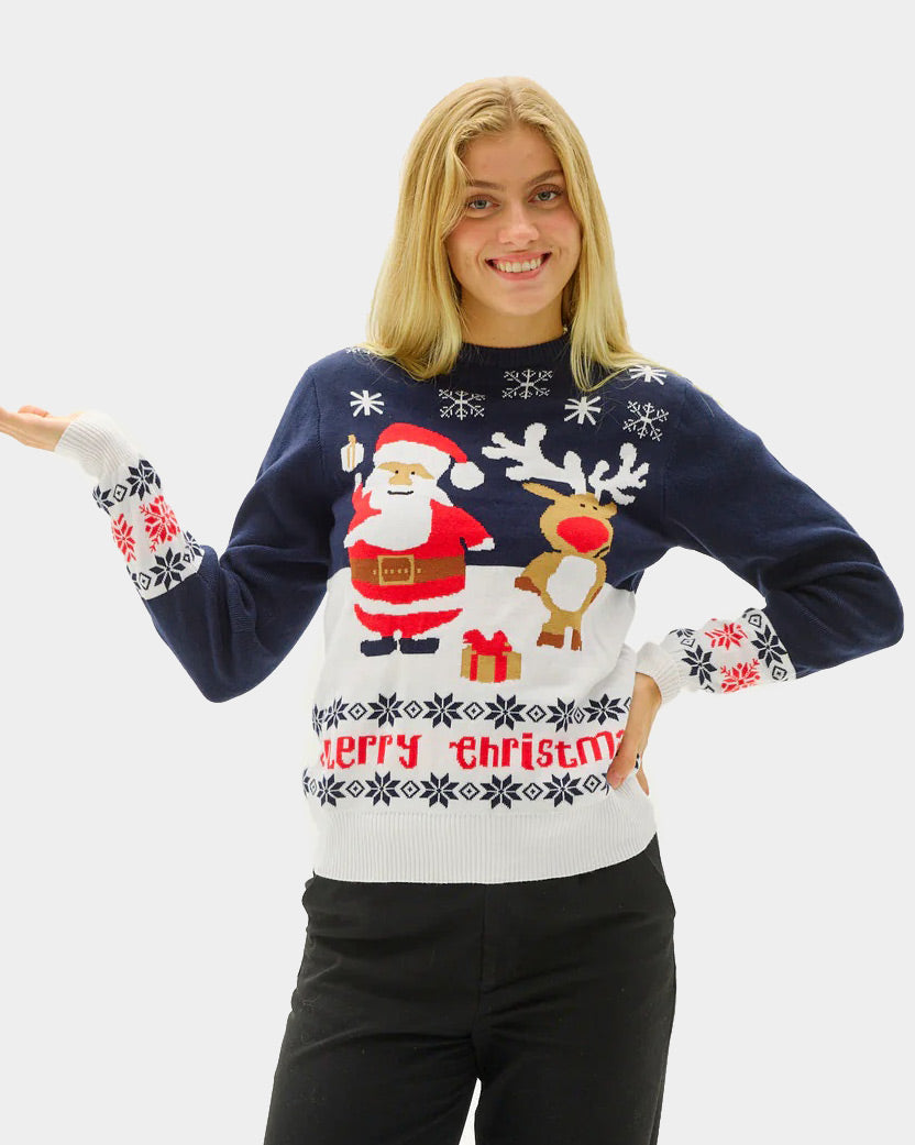 Womens Blue Organic Cotton Women's Christmas Jumper with Santa and Rudolph