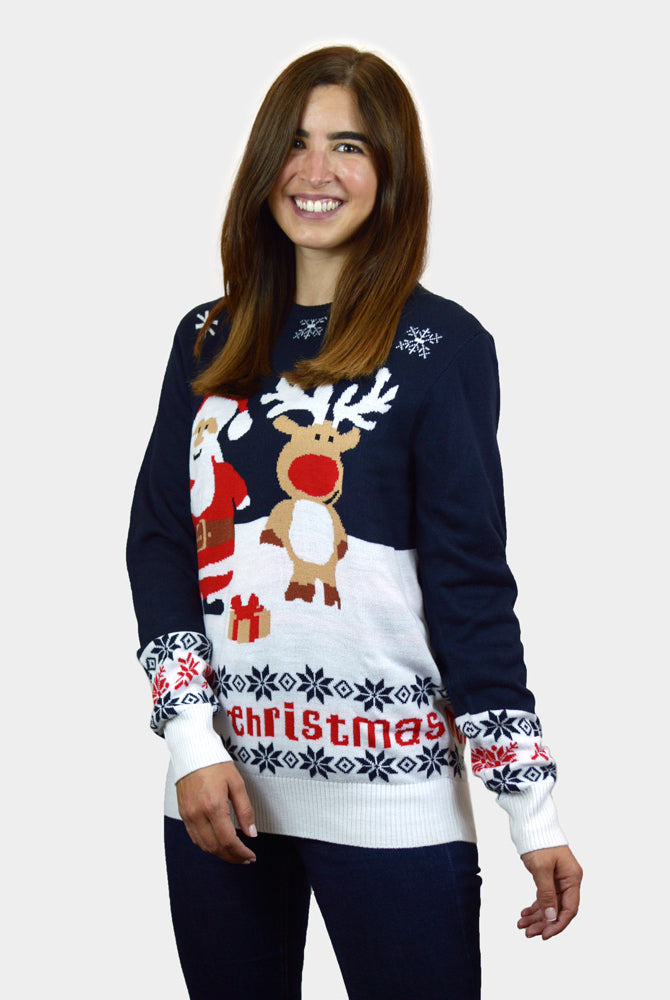 Womens Blue Organic Cotton Couple's Christmas Jumper with Santa and Rudolph