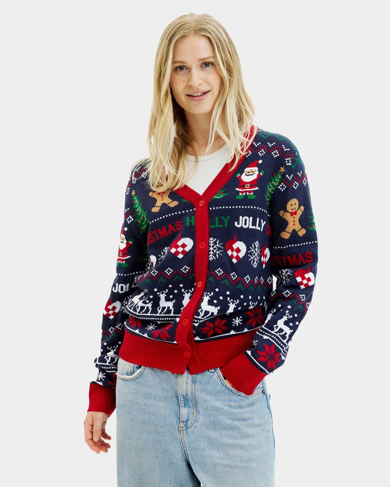 Women's Blue and Red Cardigan Christmas Jumper