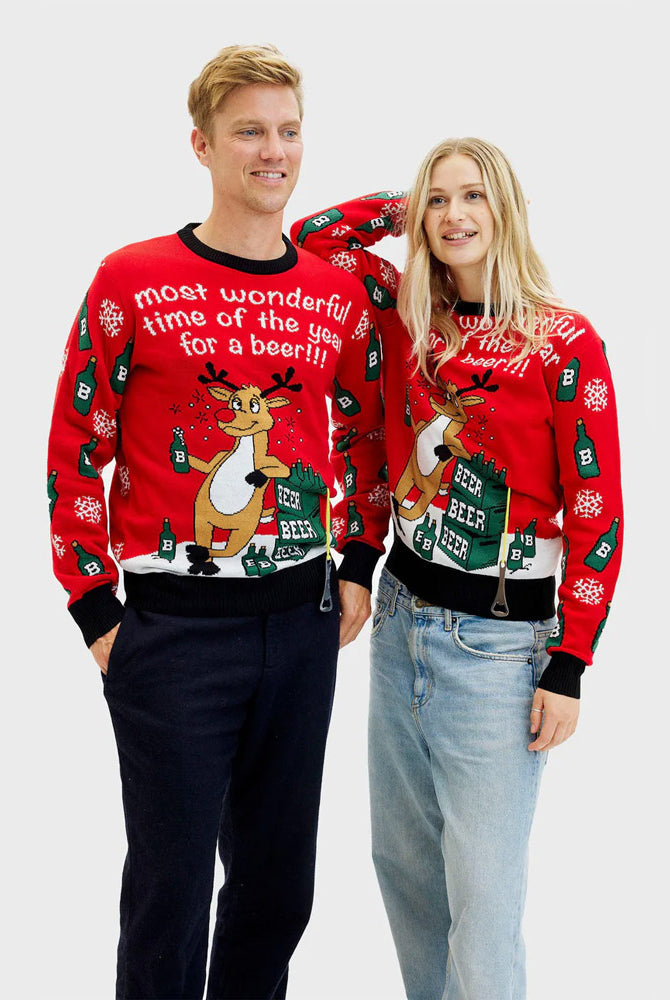 Womens Christmas Jumper Mens Reindeer + Beer Opener
