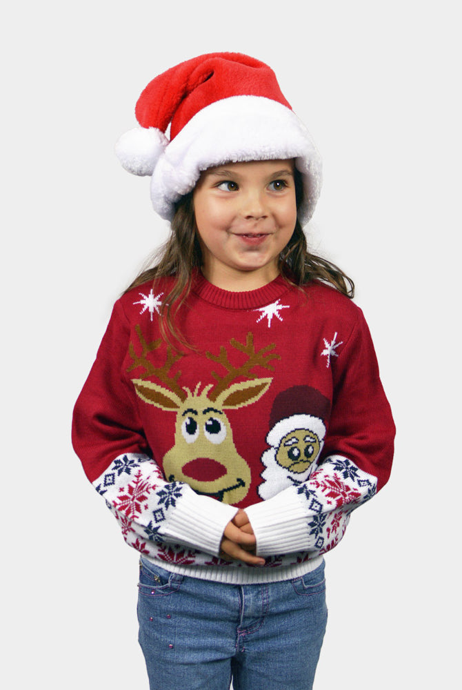 Womens Christmas Jumper Children Santa and Rudolph Smiling