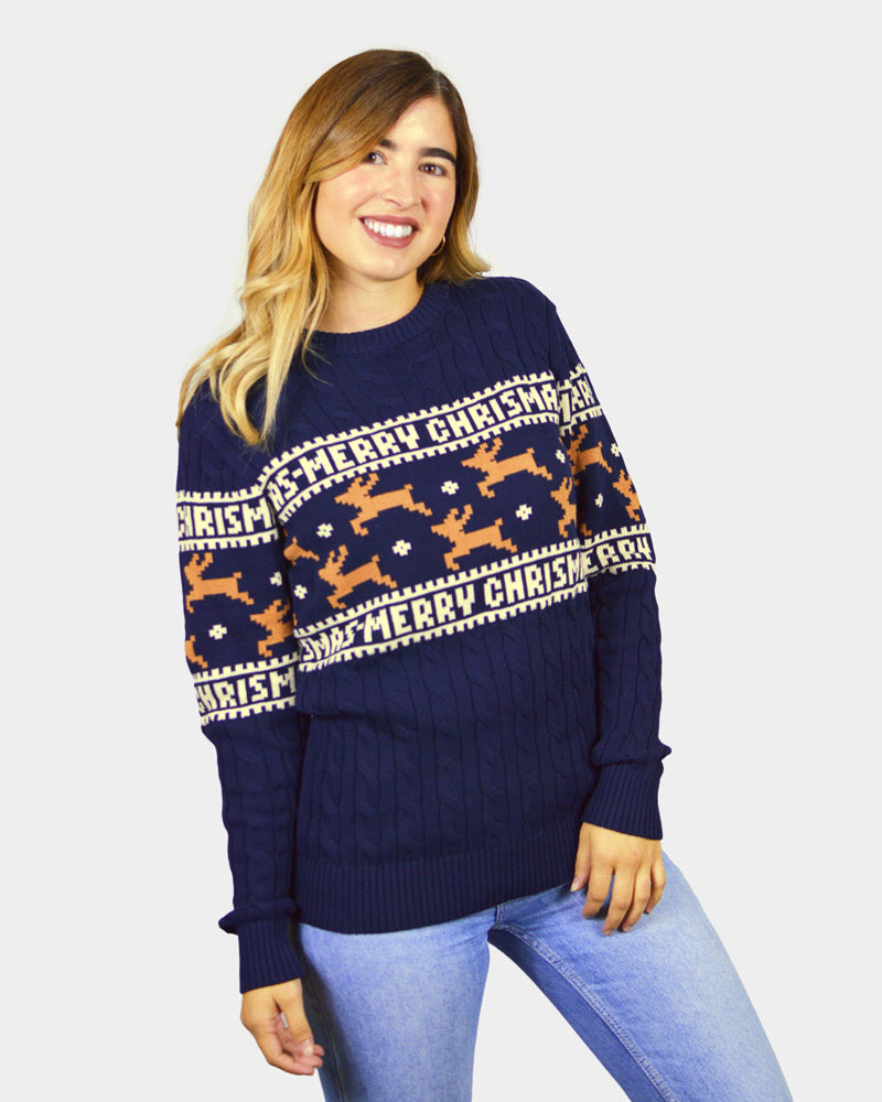 Classy Blue Organic Cotton Couple's Christmas Jumper with Reindeers womens