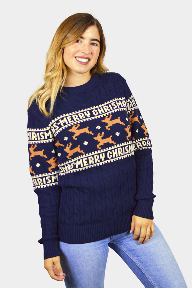 Classy Blue Organic Cotton Couple's Christmas Jumper with Reindeers womens