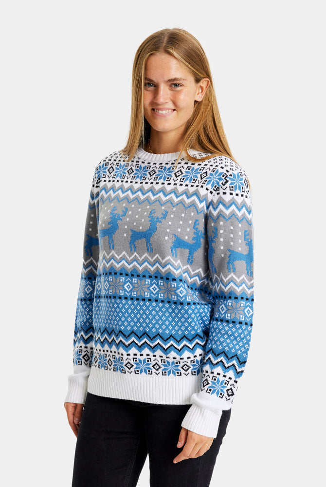Classy White, Grey and Blue Couple's Christmas Jumper with Reindeers womens