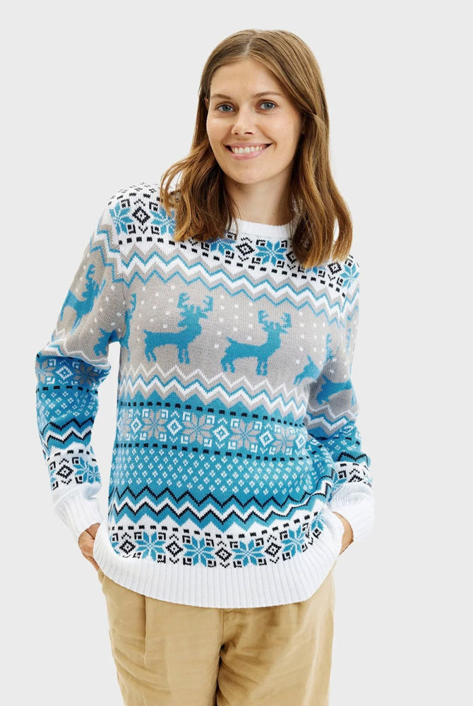 Womens Classy White, Grey and Blue Mens Christmas Jumper Reindeers