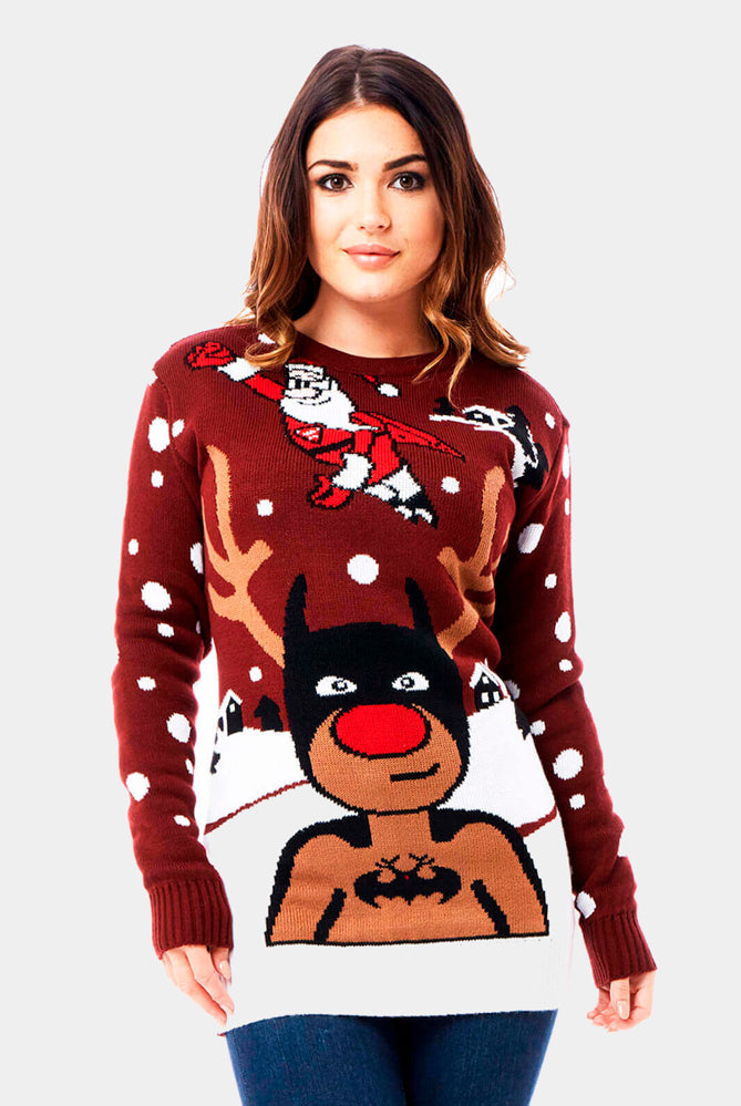 womens Couple's Christmas Jumper with Batman Rudolph and Superman Santa