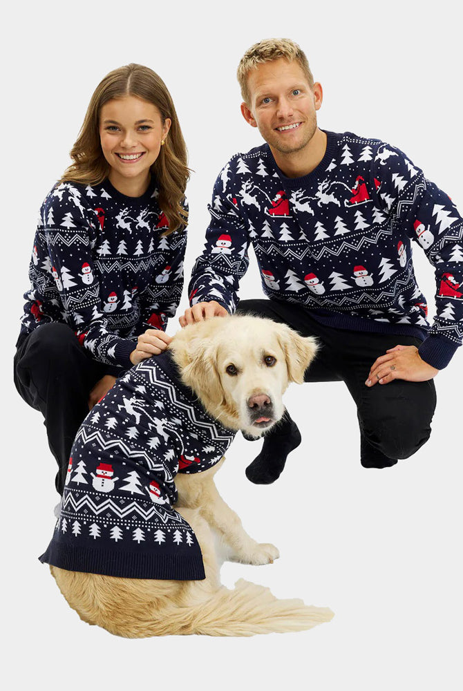 Womens Dog Christmas Jumper with Trees, Snowmen and Santa