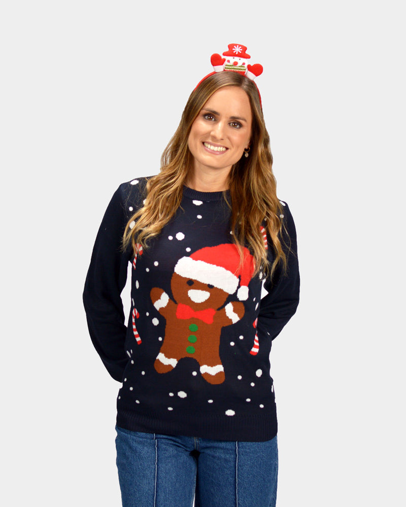 WOmens Gingerbread Couple's Blue Christmas Jumper