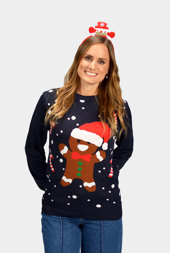 WOmens Gingerbread Couple's Blue Christmas Jumper