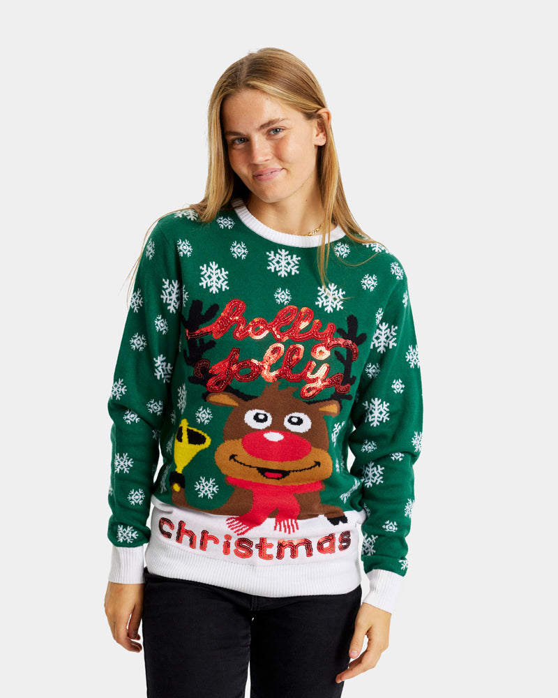womens Green Couple's Christmas Jumper Holly Jolly with Sequins