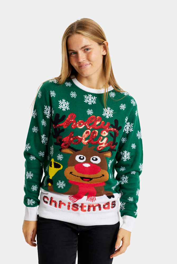 womens Green Couple's Christmas Jumper Holly Jolly with Sequins