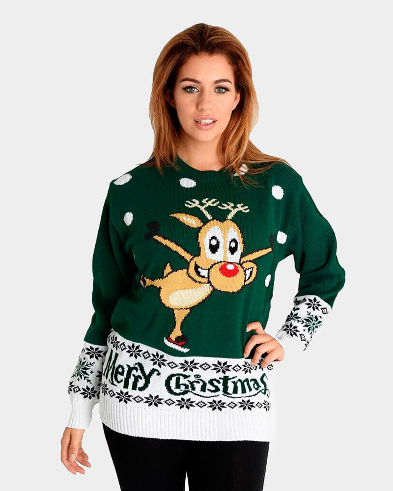 womens Green Couple's Christmas Jumper with skating Reindeer