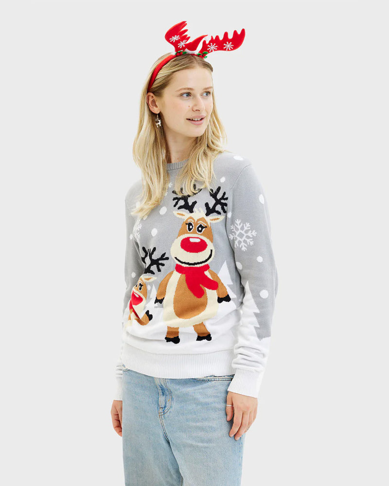 Grey Organic Cotton Womens and Mens Christmas Jumper Cute Reindeers