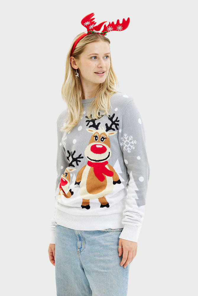 Grey Organic Cotton Womens and Mens Christmas Jumper Cute Reindeers