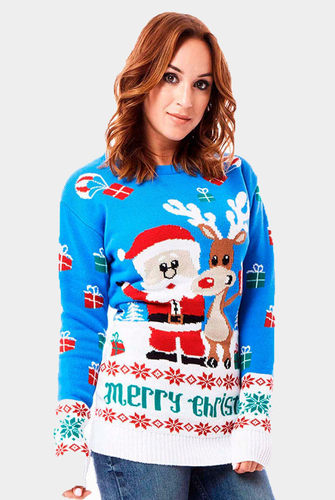 womens Light Blue Couple's Christmas Jumper with Santa and Rudolph