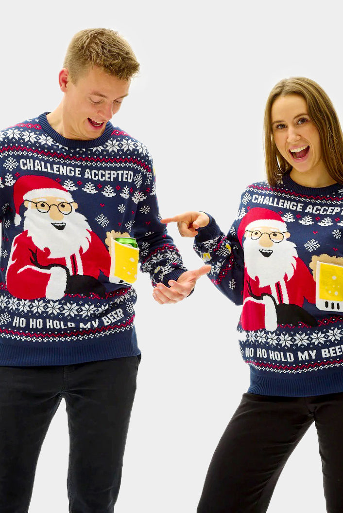 Mens and Womens Christmas Jumper with Beer Pocket 3D