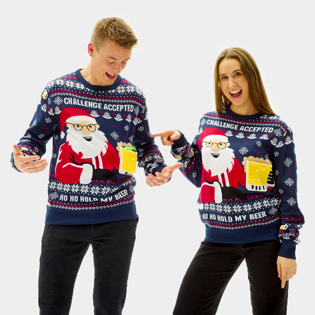 Mens and Womens Christmas Jumper with Beer Pocket 3D