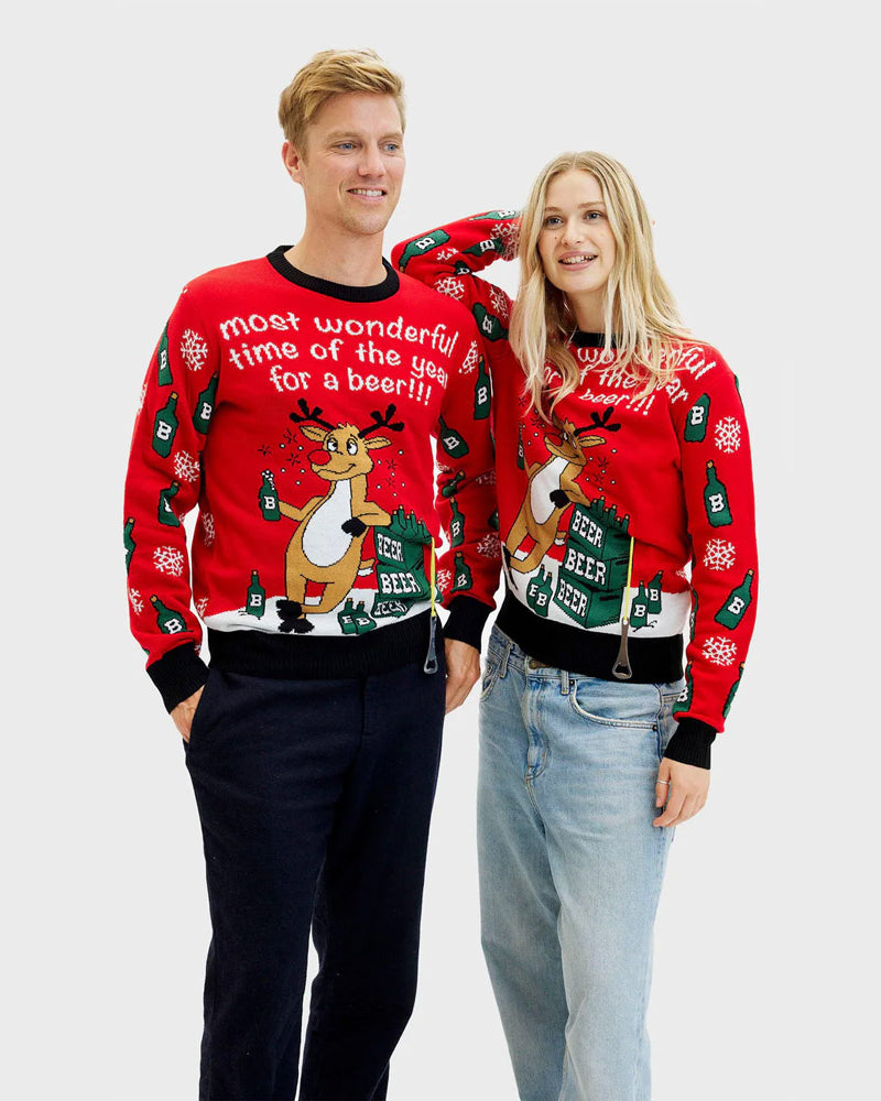 Mens and Womens Christmas Jumper with Reindeer + Beer Opener