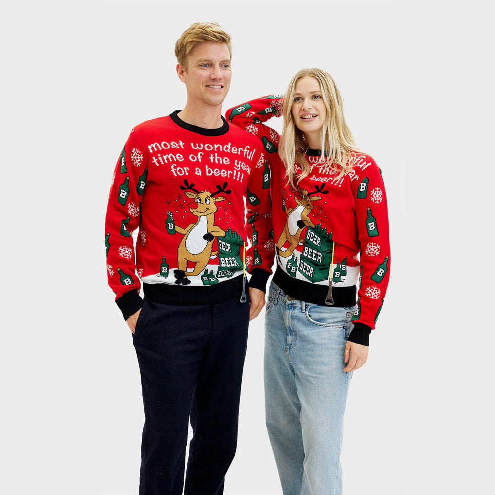 Mens and Womens Christmas Jumper with Reindeer + Beer Opener