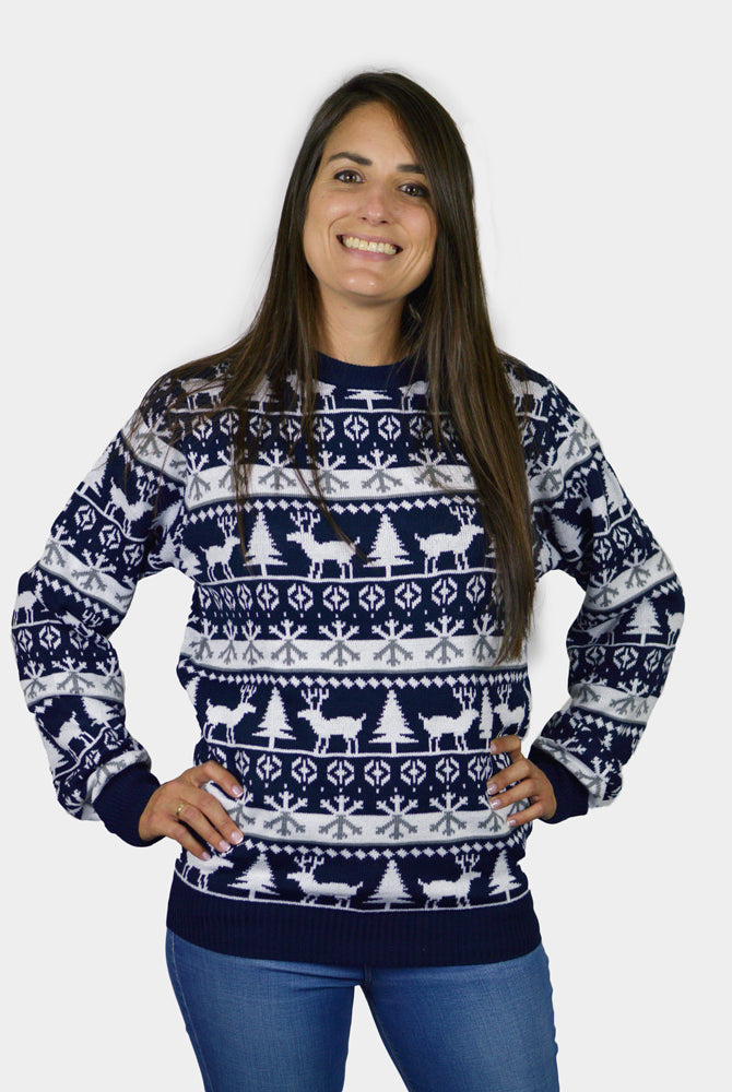 Mens Christmas Jumper Womens Reindeers and Trees Strips