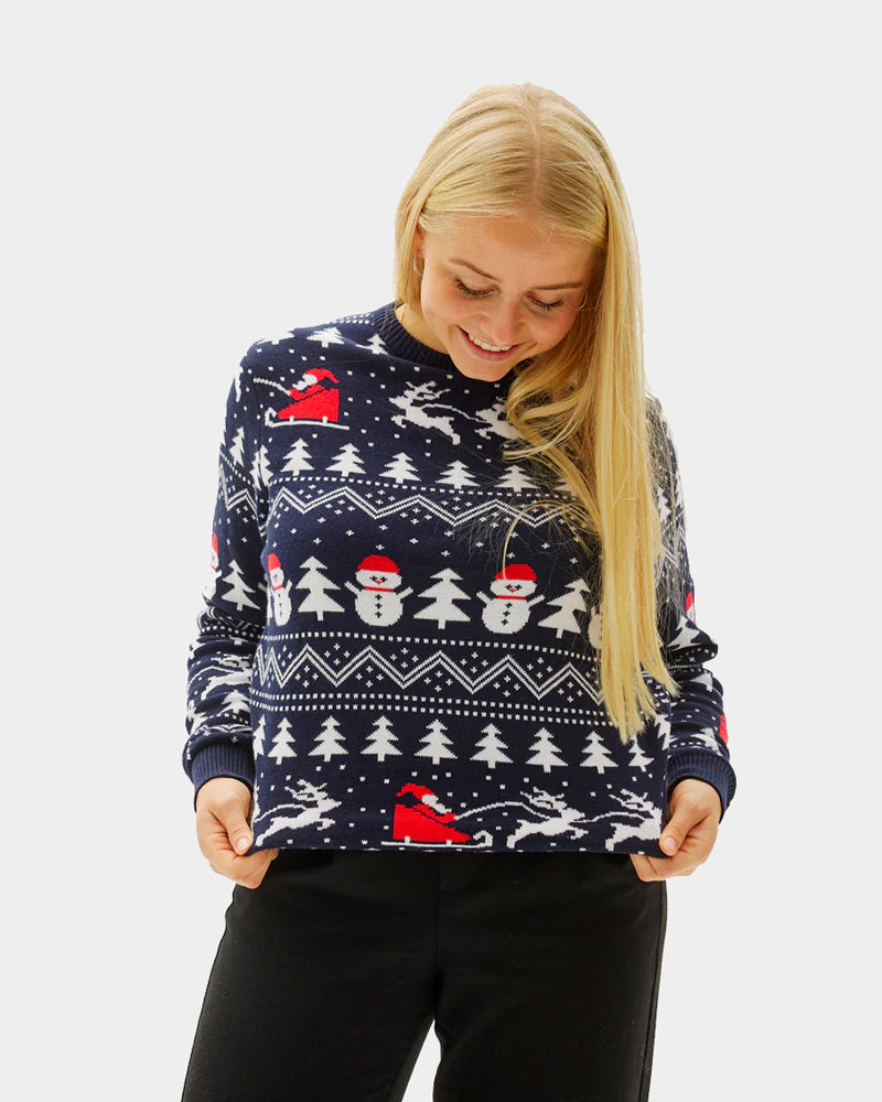 Organic Cotton Women's Christmas Jumper with Trees, Snowmen and Santa