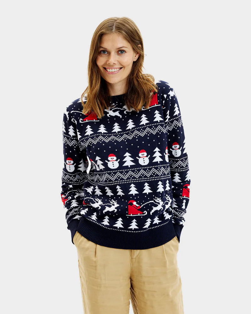 Organic Cotton Family Womens Blue Christmas Jumper Trees Snowmen Santa