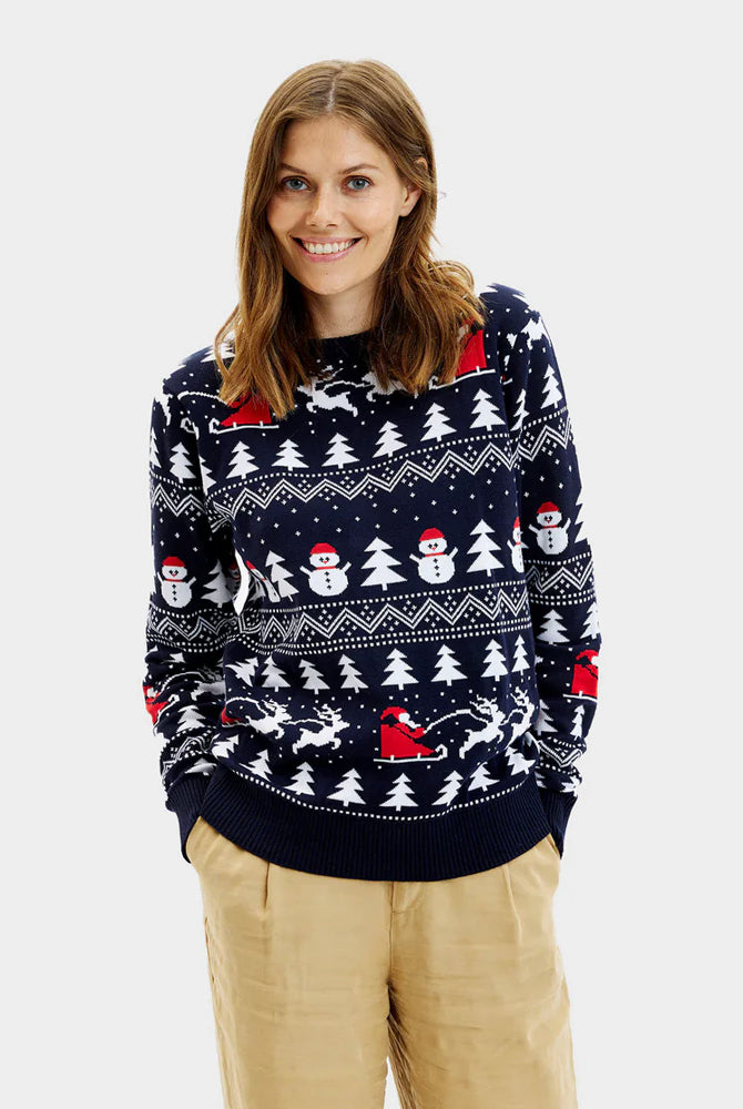 Organic Cotton Family Womens Blue Christmas Jumper Trees Snowmen Santa