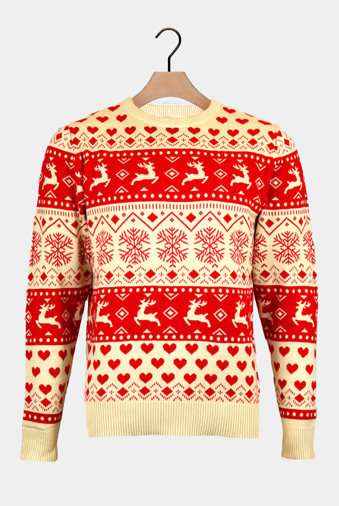 Womens Red & Beige Organic Cotton Christmas Jumper with Hearts