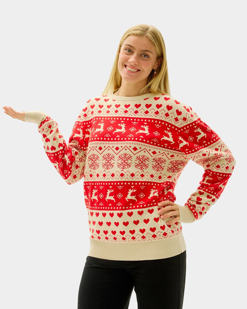 Red & Beige Organic Cotton Couple's Christmas Jumper with Hearts womens