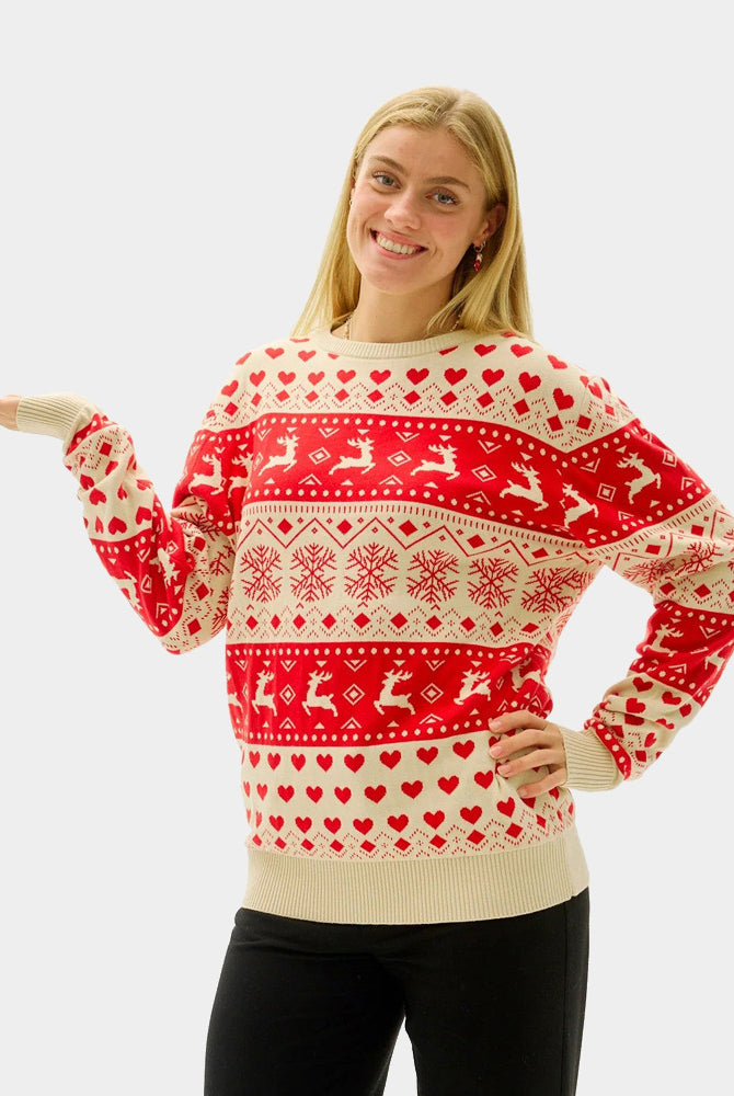 Red & Beige Organic Cotton Couple's Christmas Jumper with Hearts womens