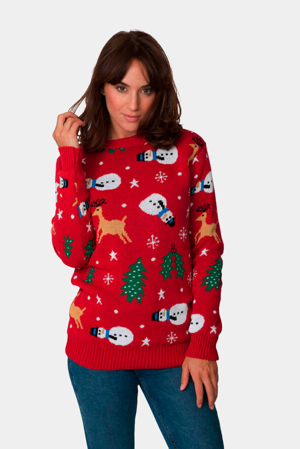 Red Couple's Christmas Jumper with Santa, Trees and Snowmens womens