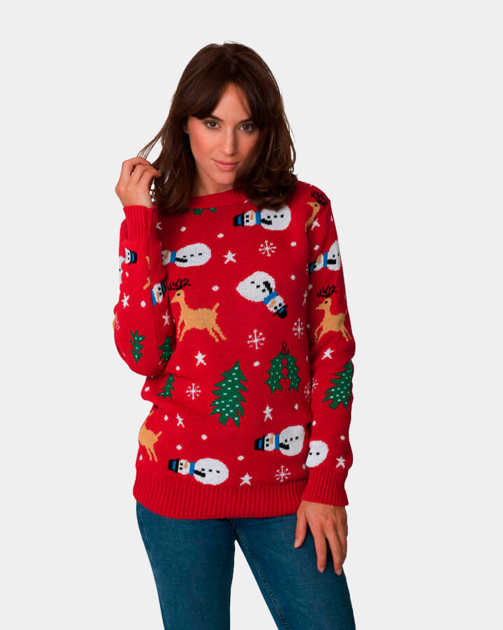 Red Couple's Christmas Jumper with Santa, Trees and Snowmens womens