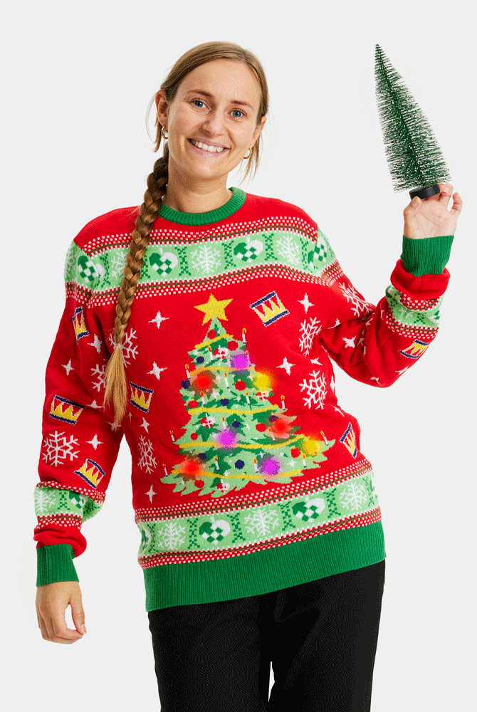 Red LED light-up Couple's Christmas Jumper with Christmas Tree womens